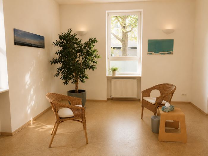 Eingang der Heilpraxis Andrea Kraus mit blauen Fensterläden