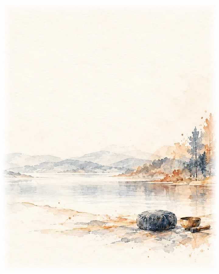 Aquarell: Meditationskissen und Klangschale am Ufer eines stillen Sees